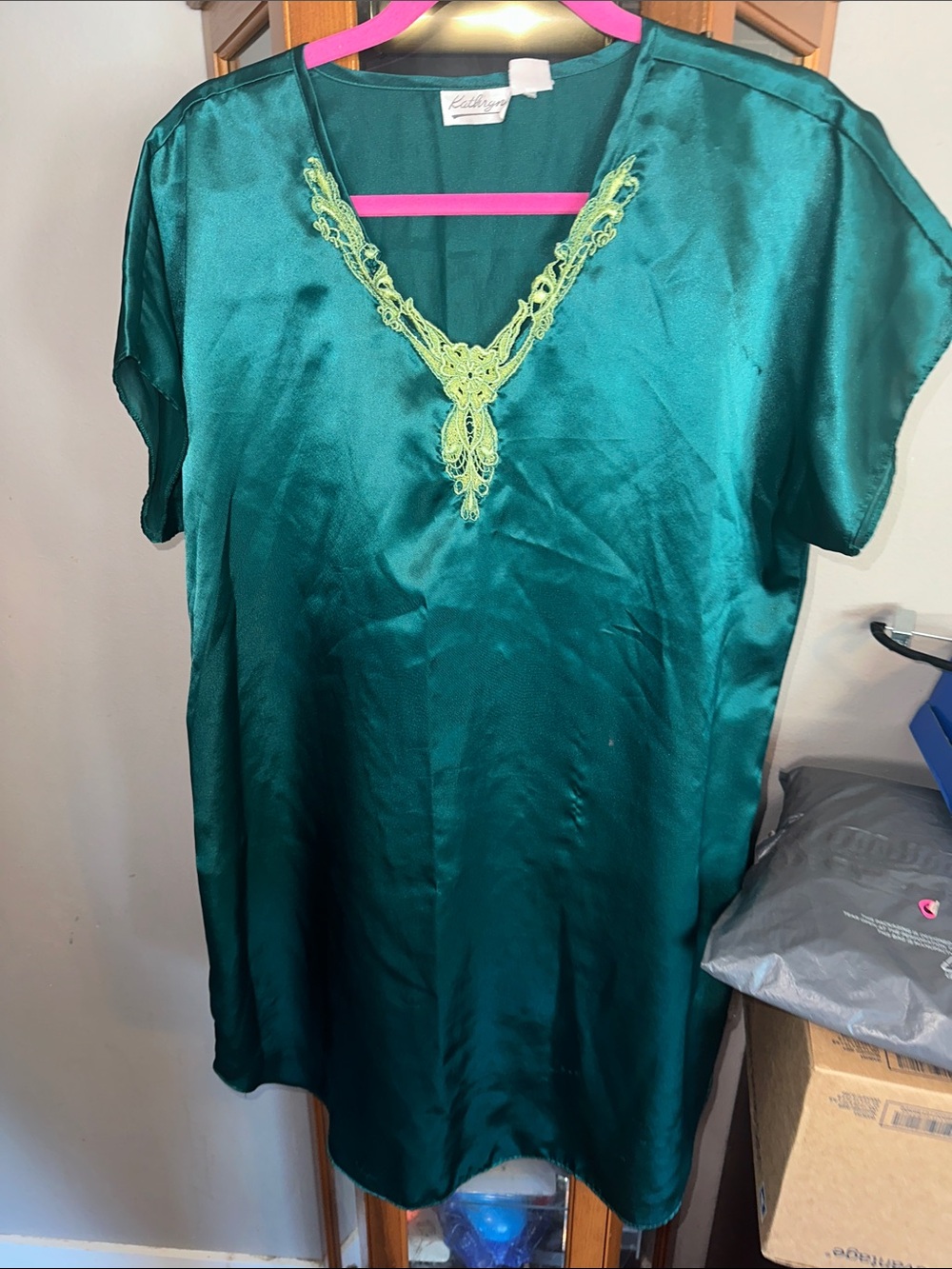 Vintage Satin Short Sleeve Chemise with Lace V-Neck - Teal